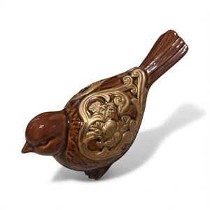 Elegant Vintage Brown and Gold Bird Figurine with gold-tone botanical motifs.
